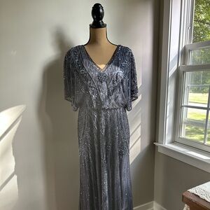 Christina Wu Gray Beaded Maxi Dress